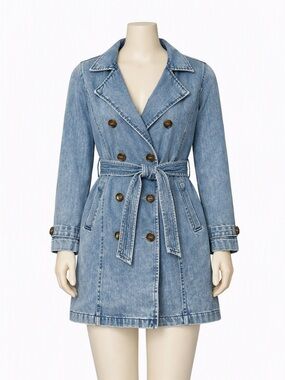 Stoosh Vintage Denim Trench Coat XL Belted Double Breasted Y2K Blue Jean